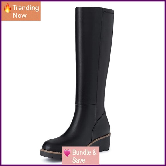 Knee High Wedge Boots Platform Side Zipper PU Leather Comfortable Tall